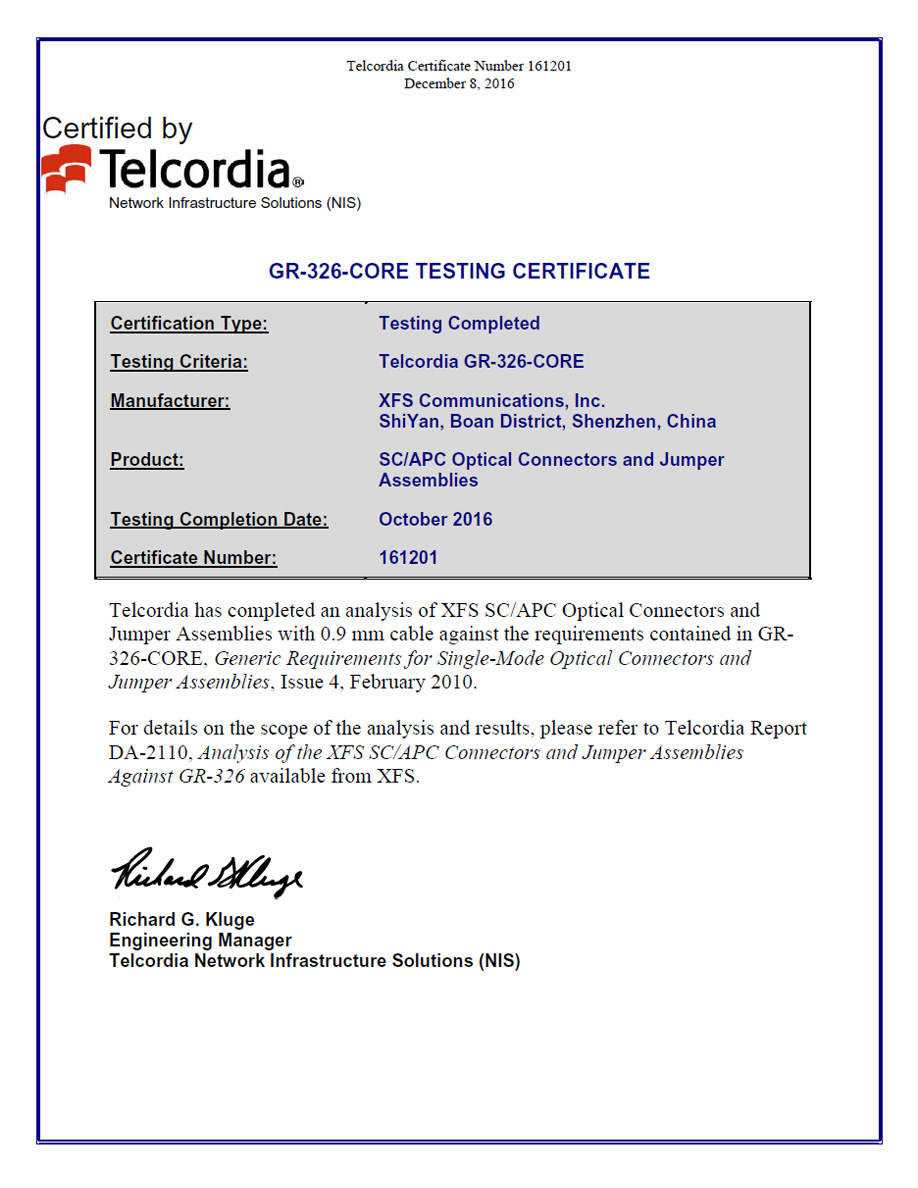Telcordia GR-326 test certificate sc apc 0.9 Telcordia GR-326 test certificate sc apc 0.9